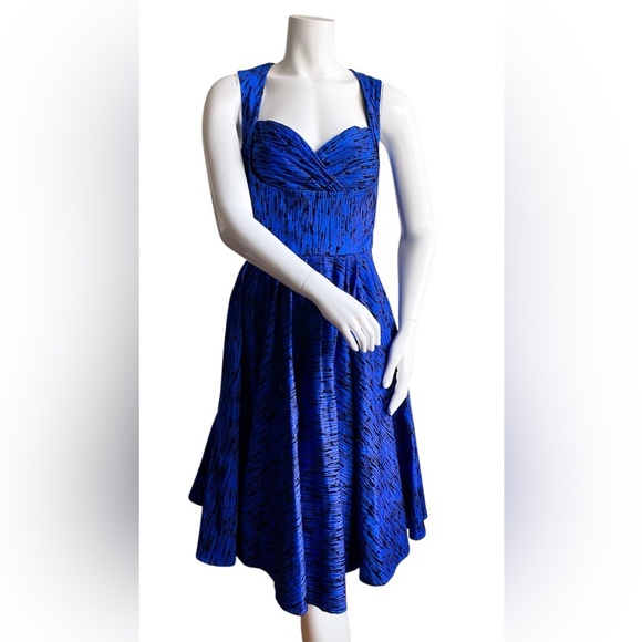 Laura Byrne Blue Flocked Vintage Fit Flare Retro Swing Dress Prom Wedding Formal - Picture 3 of 15